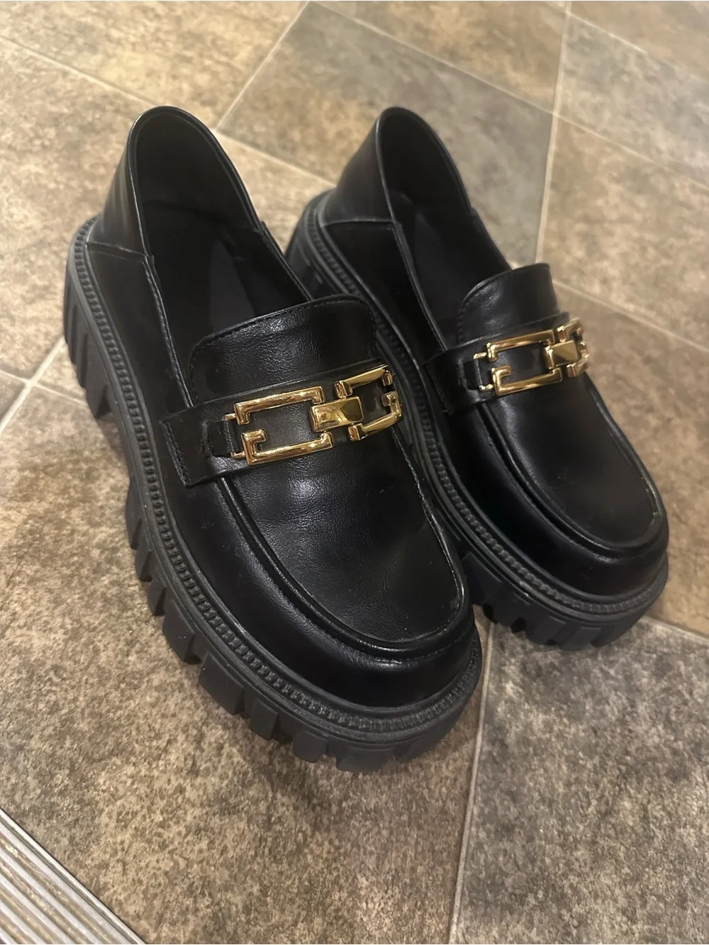 Black Leather Lug-Sole Loafers with Gold Chain Accent